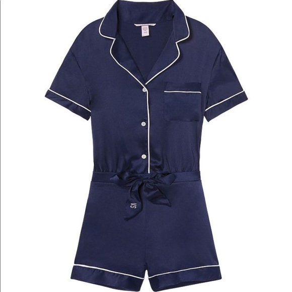 Victoria's Secret Dream Angels Satin Button-front Romper - Navy - Picture 2 of 5